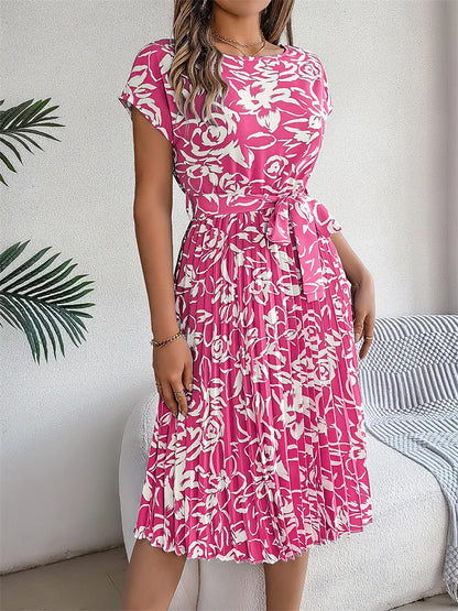 Ficusrong Fashion Floral Pleated A Line Long Dress Women Spring Summer Short Sleeve High Waist Chic Dress