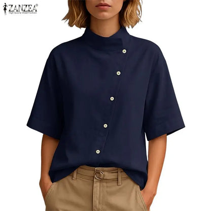 ZANZEA Women's Fashion Diagonal Front Shirts Casual Stand Collar Half Sleeve Button Up Tops Summer Solid Color Chemises Femme