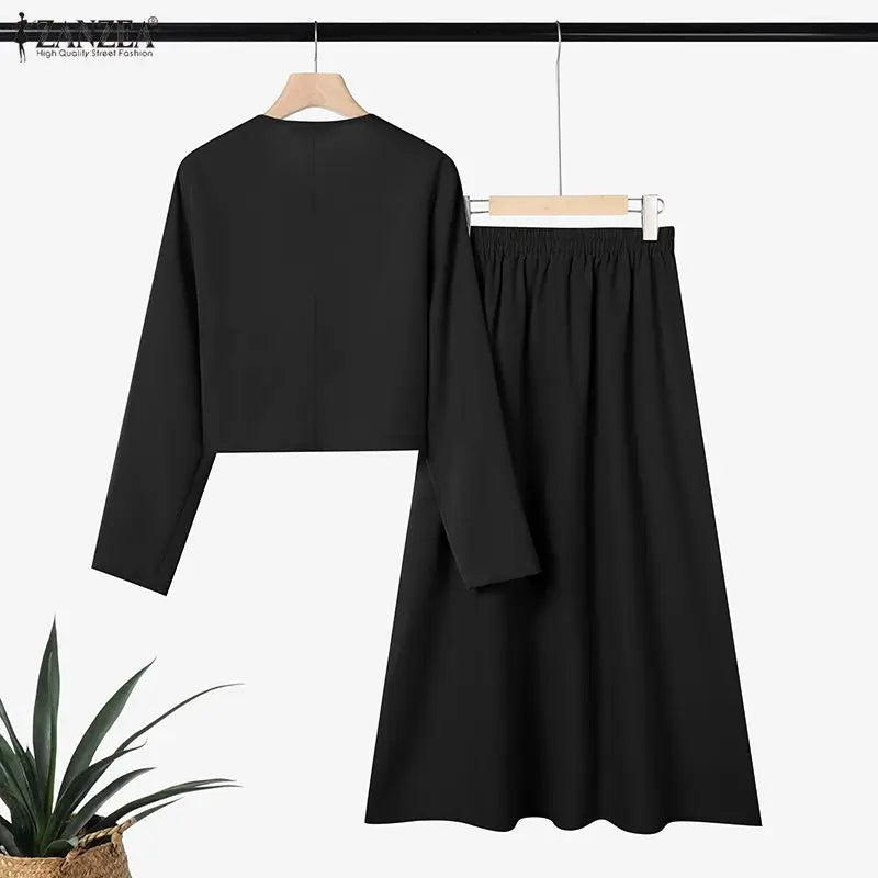 ZANZEA Fashion Women 2 Piece Sets Spring Autumn Office Outfits 2026 Elegant Long Sleeve Blouse Dress Suit Solid A Line Skirt Set