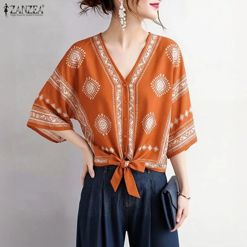 ZANZEA Women Ethnic Style Printing Blouses Casual V-Neck Half Bell Sleeves Button Up Tied-Hem Shirts Summer Loose Vacation Tops