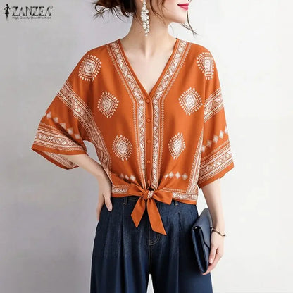 ZANZEA Women Ethnic Style Printing Blouses Casual V-Neck Half Bell Sleeves Button Up Tied-Hem Shirts Summer Loose Vacation Tops