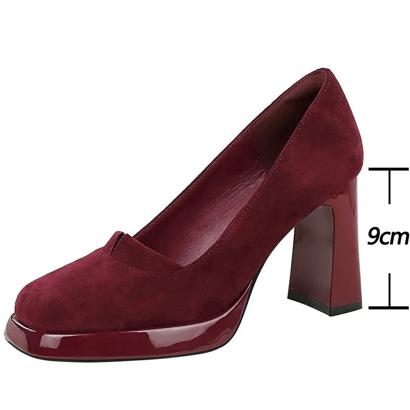 BIGTREE shoes 9 cm Chunky Block Heels Women Pumps Retro High Heels Square Headed Platform High Heels Suede Ladies Shoes 3 Colour