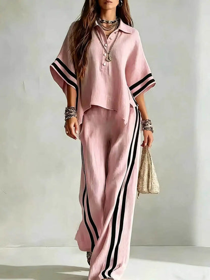 Spring Summer Women Short Sleeve Lapel Shirts Tops + Loose Striped Pants Female Casual Two-piece Clothing Set Casual Holiday Set