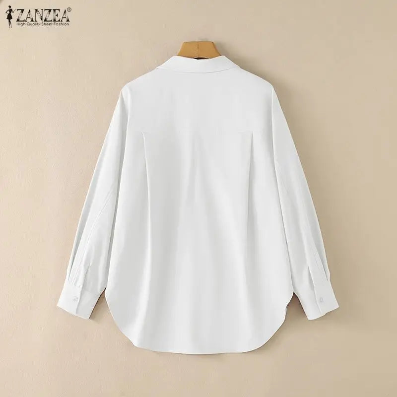 ZANZEA Woman Rounded Hem Long Shirts Casual Turn-Down Collar Long Sleeve Button Up Blouses Autumn Solid Chemise Femme Streetwear