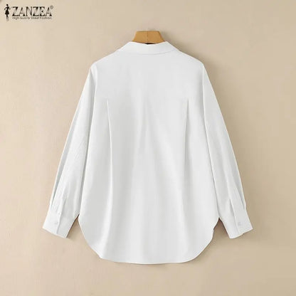 ZANZEA Woman Rounded Hem Long Shirts Casual Turn-Down Collar Long Sleeve Button Up Blouses Autumn Solid Chemise Femme Streetwear