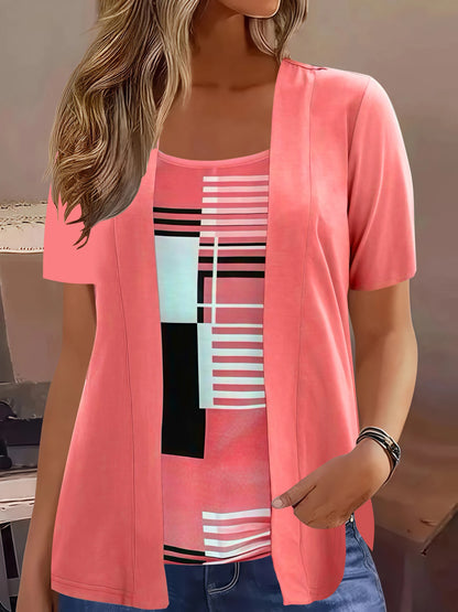 Elegant Geometric Print Mock Two-Piece T-Shirt | Plus Size Womens Summer Casual Top | Fashion Patchwork Design