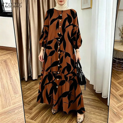 Bohemain Printed Maxi Dresses ZANZEA Fashion Women Long Lantern Sleeve Muslim Abaya Dress Hijab Robe Kaftan Buttons Up Vestidos