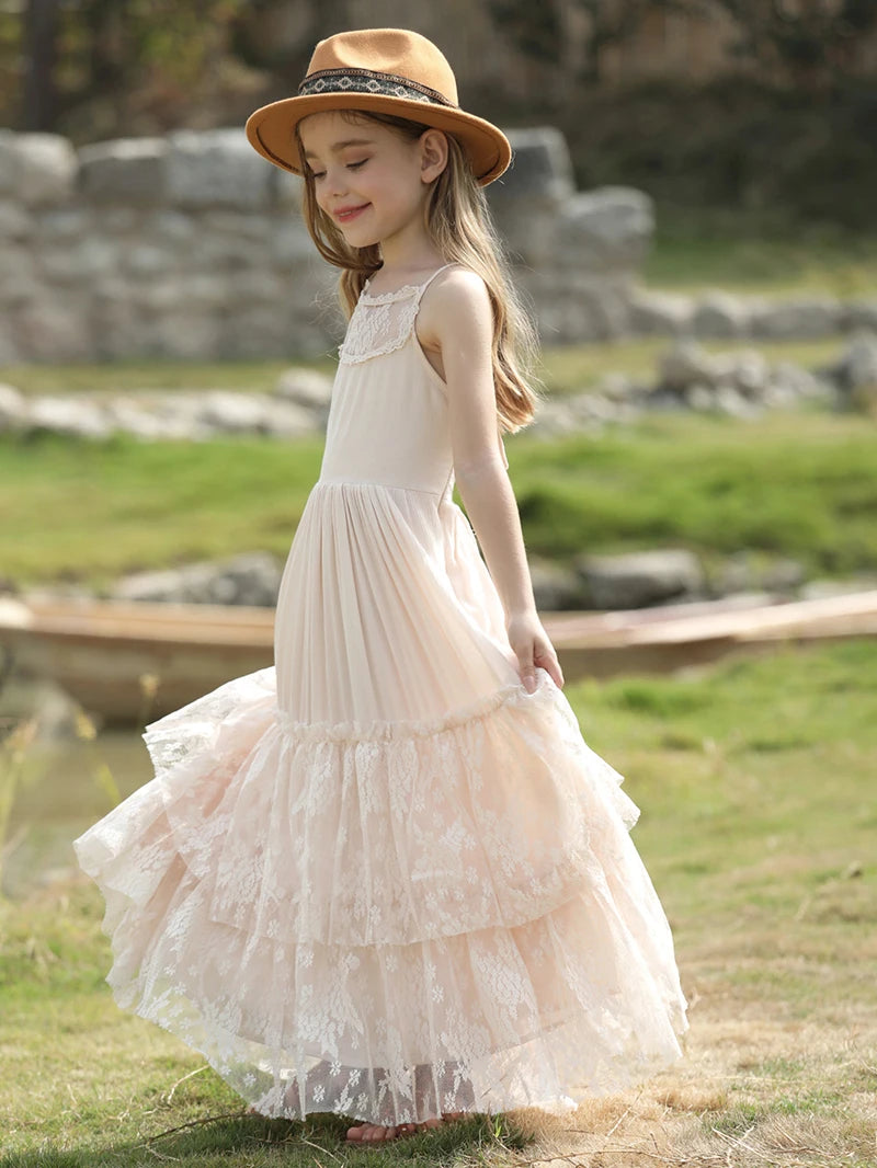 Big Girls Flower Wedding Party Backless Chiffon Dress Princess Kids Bohemia Lace Long Dresses Vestidos Clothing For 3-15 Years