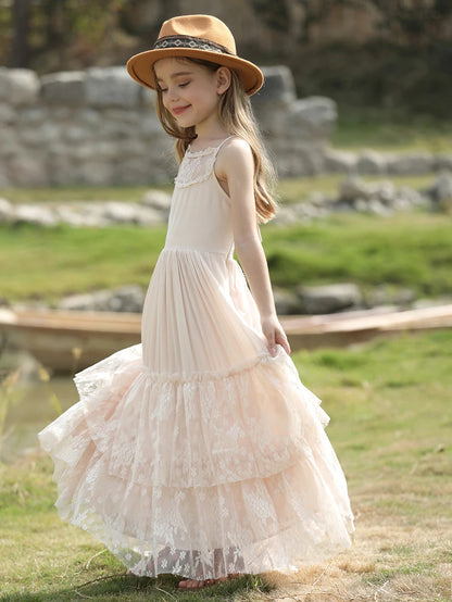 Big Girls Flower Wedding Party Backless Chiffon Dress Princess Kids Bohemia Lace Long Dresses Vestidos Clothing For 3-15 Years