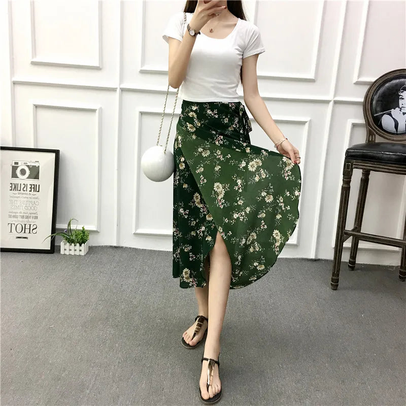 Vacation Style Wrap Skirt Beachside Long Skirt Women's High Waist A-Line Midi Skirt Floral Print One-Piece Summer Spring