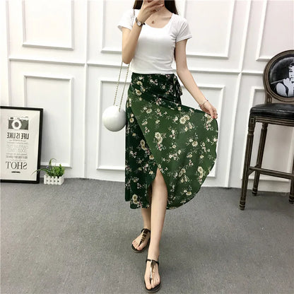 Vacation Style Wrap Skirt Beachside Long Skirt Women's High Waist A-Line Midi Skirt Floral Print One-Piece Summer Spring