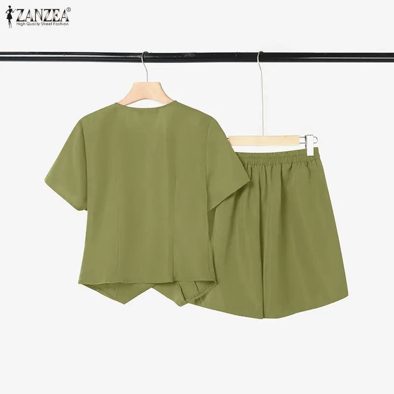 ZANZEA Women's Short Sets Asymmetric Placket Short Sleeve Tops & Elastic Waist Shorts 2 Piece Suits Summer Casual Chic Outfits