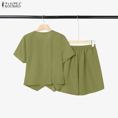 ZANZEA Women's Short Sets Asymmetric Placket Short Sleeve Tops & Elastic Waist Shorts 2 Piece Suits Summer Casual Chic Outfits