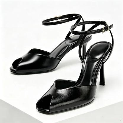 Cozy Black Soft Leather Peep Toe High Heel Sandals Women Fashion Ankle Buckle Designer Shoes Elegant Banquet Brand Dress Shoes