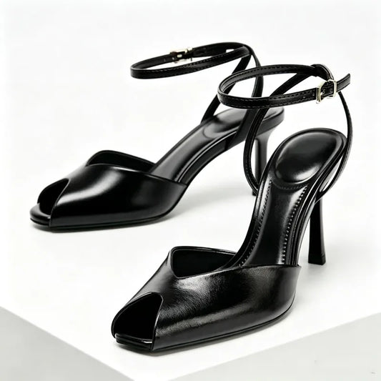 Cozy Black Soft Leather Peep Toe High Heel Sandals Women Fashion Ankle Buckle Designer Shoes Elegant Banquet Brand Dress Shoes