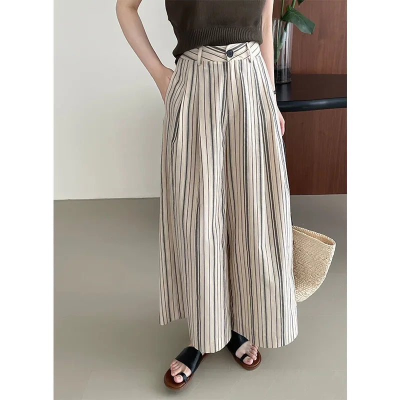 Taochuan Casual Striped Straight Leg Pants Women's Lazy Style High Waist Versatile Slimming Long Trousers Comfortable Fit