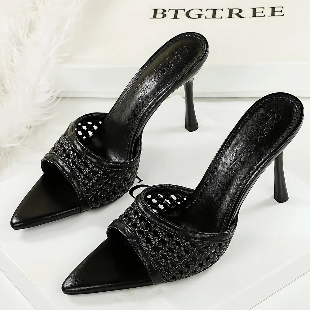 BIGTREE Shoes Weaving Design High-Heeled Sandals Women Shoes Summer Women Pumps Pointed Open-Toe Stiletto 9 CM Heeled Slippers