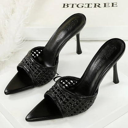 BIGTREE Shoes Weaving Design High-Heeled Sandals Women Shoes Summer Women Pumps Pointed Open-Toe Stiletto 9 CM Heeled Slippers