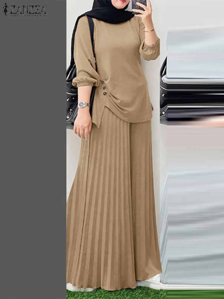Ramadan Outfits 2026 ZANZEA Women Spring Matching Sets Trousers Suit Muslim Tracksuit Casual Long Sleeve Tops Pants Oversize