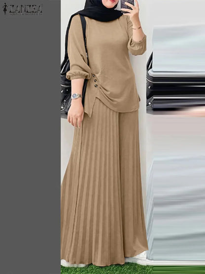 Ramadan Outfits 2026 ZANZEA Women Spring Matching Sets Trousers Suit Muslim Tracksuit Casual Long Sleeve Tops Pants Oversize