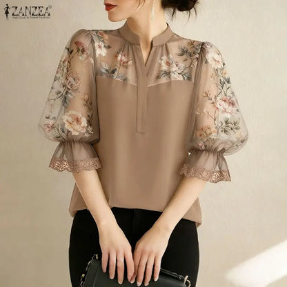 ZANZEA Elegant Women Blouses Floral Printed Chiffon Patchwork Tops Fashion V-Neck 3/4 Puff Sleeve Lace Trim Woman Clothes S-3XL