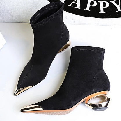 BIGTREE Shoes Metal Pointed Tip Women Boots Hollow Out Heels Women Ankle Boots Female Suede Short Boots Mid Heel Shoes Fashion