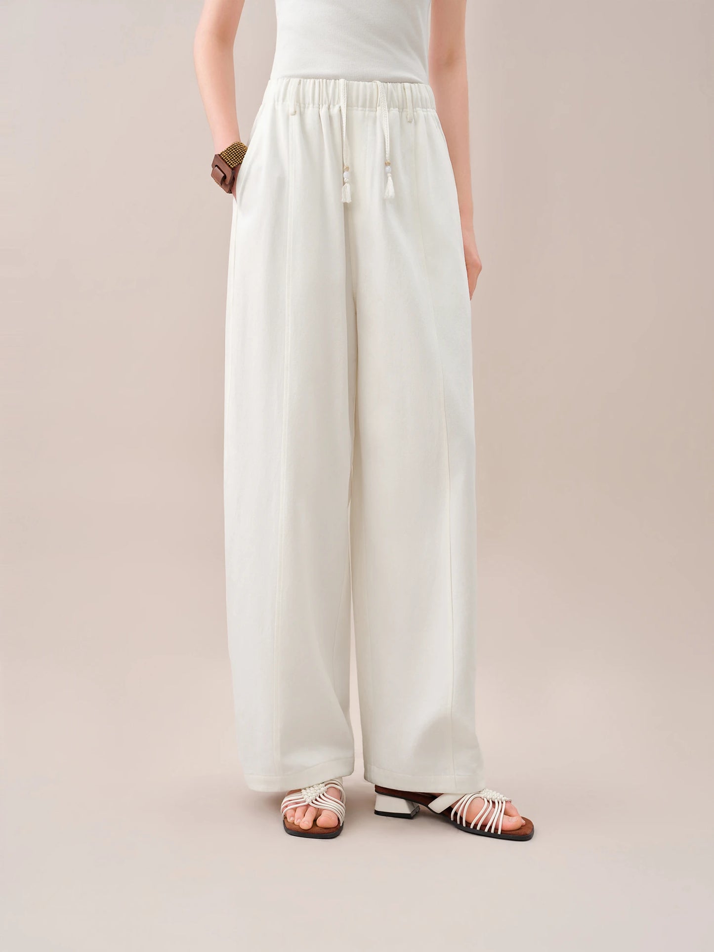 FSLE【Premium Series】2026 Summer Women's Arc Leg Relaxed Fit Wide Leg Pants with Elastic Waist - Casual Comfort for Daily Wear