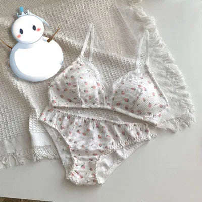 Japanese Sweet Lolita Bra&Panty Set Cherry Strawberry Print Wireless Comfort Bralette Anti Sagging AB Cup MOYISU 32-38-Sexy Bras