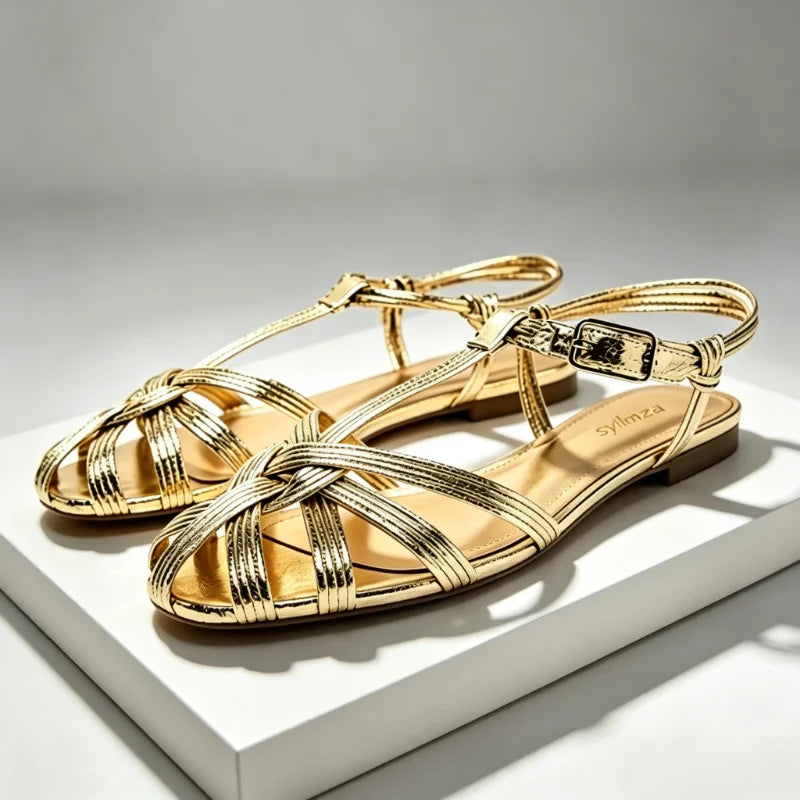 Luxury Gold Flat Sandals Women Summer Hollow Design Gladiator Sandals Comfortable Ankle Strap Casual Beach Shoes Mules Sandalias
