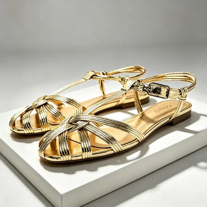 Luxury Gold Flat Sandals Women Summer Hollow Design Gladiator Sandals Comfortable Ankle Strap Casual Beach Shoes Mules Sandalias