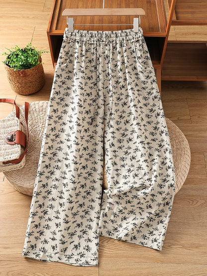 Summer Cotton Linen Wide Leg Pants High Waist Slim Straight Casual Loose Versatile Floral Print Nine Point Pants for plus Siz...