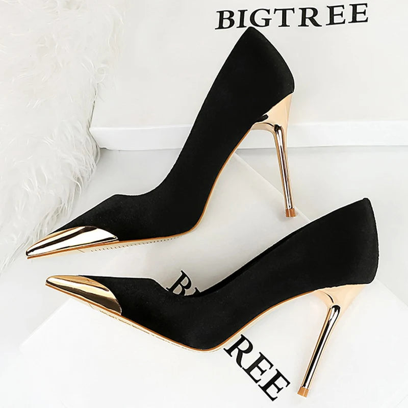 BIGTREE Shoes Luxury Women's Pumps Metal Pointed High Heels Fashion Stilettos Banquet Shoes Ladies Pumps Sexy Party Shoes Suede