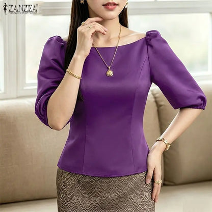 ZANZEA Woman Elegant Satin Blouses Boat Neck Puff Sleeves Princess Seams Solid Color Crop Tops Summer Graceful Party Blusa Mujer
