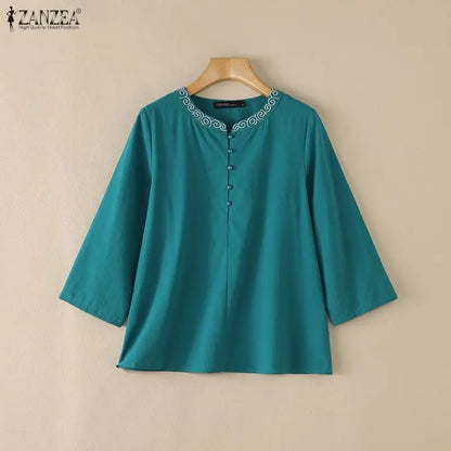 Women Blouse 3/4 Sleeve ZANZEA Cotton Tops O Neck Casual Tunic Summer Autumn Tee Blusas OL Work Party Streetwear Oversize
