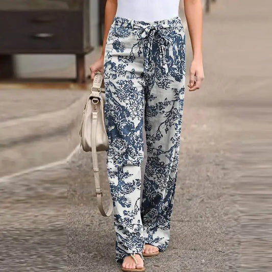 Casual Flower Print Cotton Linen Straight Leg Pants Women Fashion Lace Up Elastic Waist Home Trousers Female Plus Size Pants