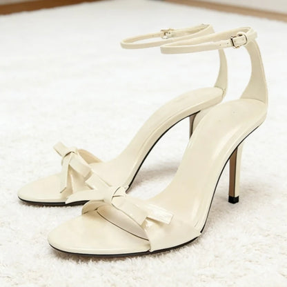 Beige Bow Designer Shoes Ankle Strap Heeled Sandals Women Elegant Patent Leather Thin High Heels Party Shoes Sandalias De Mujer