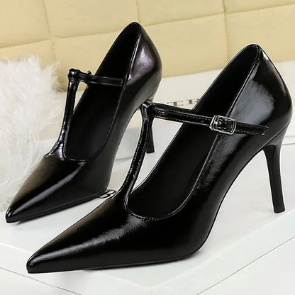 BIGTREE Shoes Women Pumps T-shaped High-Heeled Shoes Stiletto 8 cm Heels Hollow Pointed Tip High Heels Occupation Office Shoes