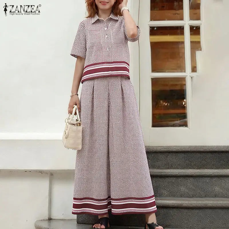 2026 ZANZEA Summer Pant Sets Fashion Women 2 Piece Sets Short Sleeve Shirt Wide Leg Trousers Suit Plaid Outfits Office Tracksuit
