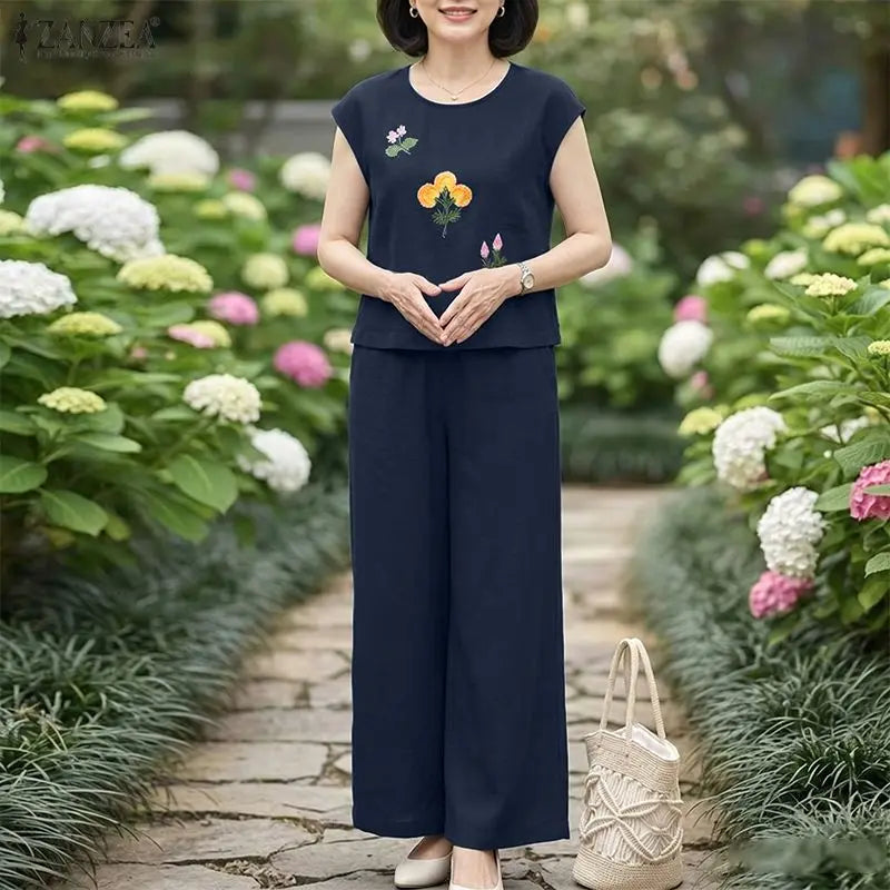 ZANZEA Fashion Summer Outfits O Neck Short Sleeve Floral Blouse Wide Leg Pant Sets Women 2 Pieces Sets Tracksuit Matching Sets