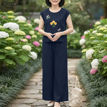 ZANZEA Fashion Summer Outfits O Neck Short Sleeve Floral Blouse Wide Leg Pant Sets Women 2 Pieces Sets Tracksuit Matching Sets