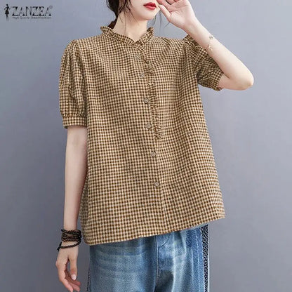ZANZEA Woman Summer 2026 Gingham Shirts Elegant Ruffled Collar Short Puff Sleeves Button Up Checked Tops Women's Clothes S-3XL
