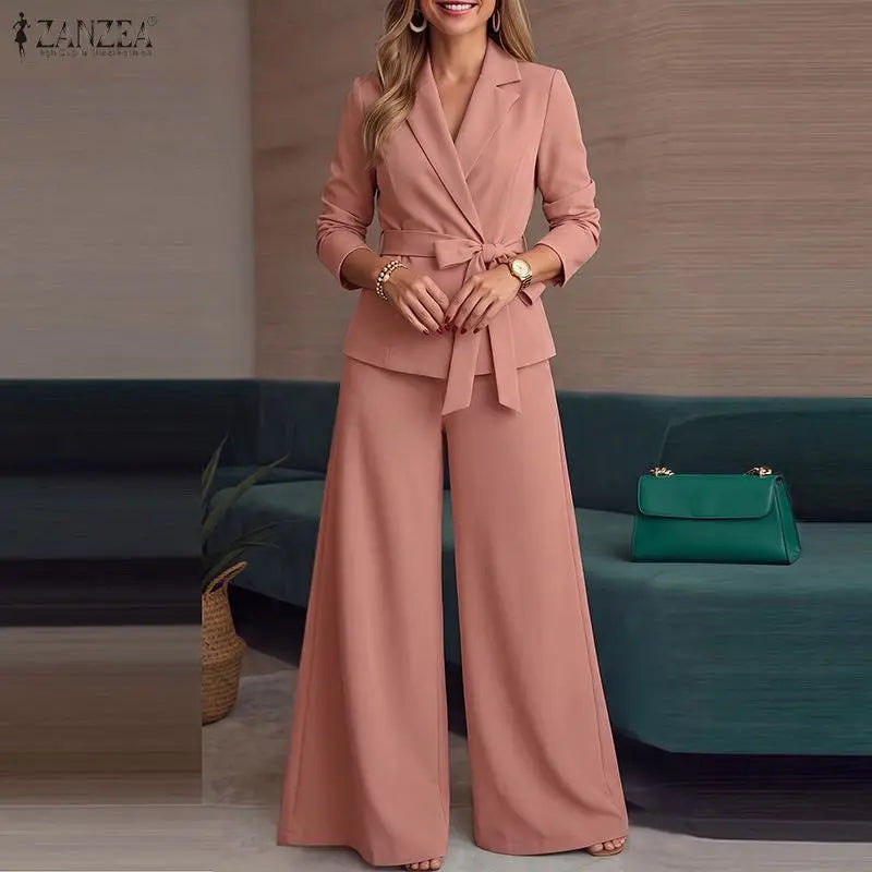 ZANZEA Women Pant Sets Elegant Office Wide Leg Pants Suit Long Sleeve Belted Solid Matching Sets Two-piece Outfits 2PCS