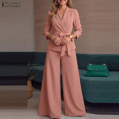 ZANZEA Women Pant Sets Elegant Office Wide Leg Pants Suit Long Sleeve Belted Solid Matching Sets Two-piece Outfits 2PCS