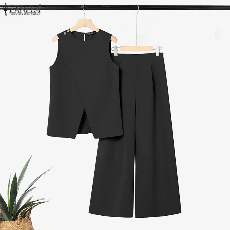 2026 ZANZEA Fashion Summer Pant Sets Sleeveless Tank Tops Trousers Women 2 Piece Sets Elegant Solid OL Work Outfit Without Belt