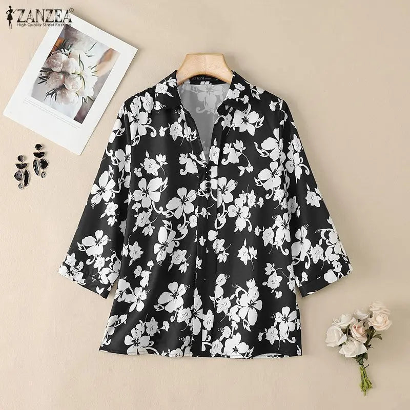 ZANZEA Women's Floral Print Blouses Turn-Down Collar 3/4 Sleeve Loose Pullover Tops Spring Summer Daily Casual Blusas de Mujer