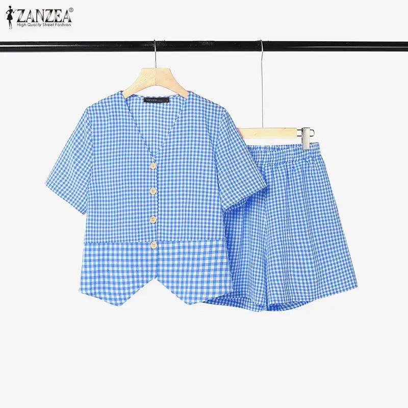 ZANZEA Women's Gingham Patchwork Short Sets Short Sleeve Tops & Elastic Waist Shorts 2 Piece Suits Summer Daily Casual Outfits