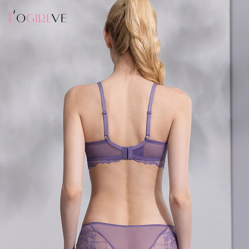 Sexy Hollow Bra French Ultra Thin Lace Embroidery Women Lingerie Set Underwire Push Up Bras Breathable Underwear and Panties Set