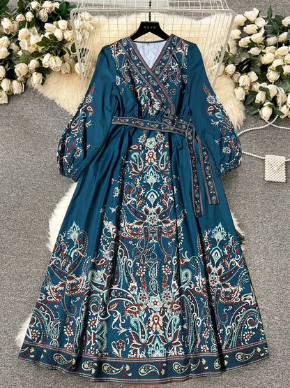 Spring Autumn Plus Size New Vintage Print Elegant Holiday Style Dress Middle East Robe Ethnic Long Sleeve V-Neck Belted Commute