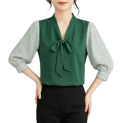 ZANZEA Women's Elegant Bow Tie Neck Blouses Summer Striped 3/4 Puff Sleeve Patchwork Casual Tops Office Commute Blusas de Mujer
