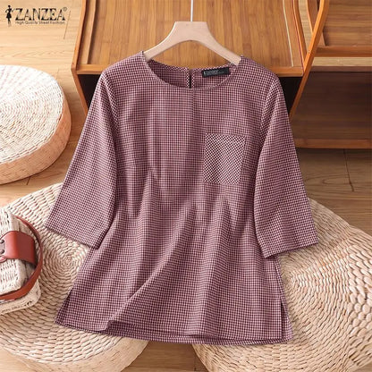 ZANZEA Woman Gingham Check Loose Blouses O-Neck Half Sleeves Pocket Detail Side Slit Tunic Tops Summer Casual Daily Wear Blusas